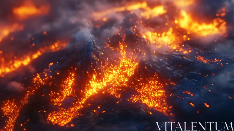 Volcanic fury cascades across molten mountain peaks in luminous spectacle.
