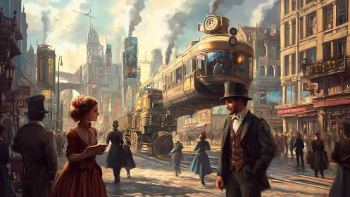 Steampunk city street hums with hovering train and strangers