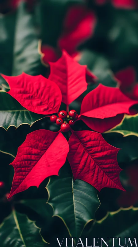 Red poinsettia bracts and berries against dark green foliage.