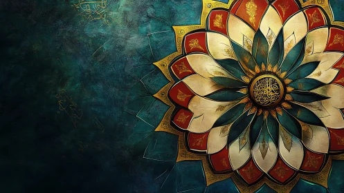 Celestial teal mandala blooming with gilded sacred echoes.