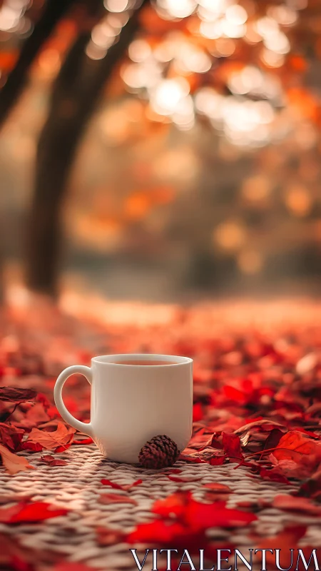 White coffee mug rests amid vivid autumn leaves outdoors.