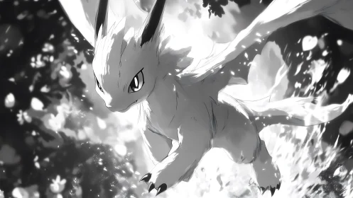 Soaring forest dragon cub caught in shimmering light.