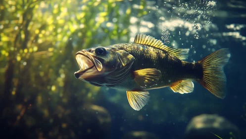 Underwater view shows single fish swimming in lit habitat