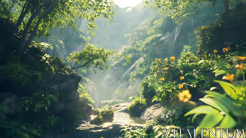 Peaceful Canyon Stream Surrounded by Lush Green Forest