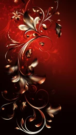 Golden floral swirls rise over deep crimson background.
