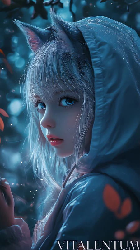 Moonlit fox-eared girl gazes back with quiet forest magic