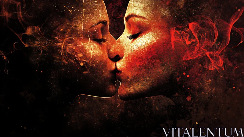 Passionate Fiery Kiss Between Two Faces in Abstract Flames