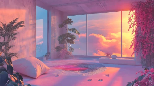 Dreamlike sky lounge glows in soft pastel sunset light.
