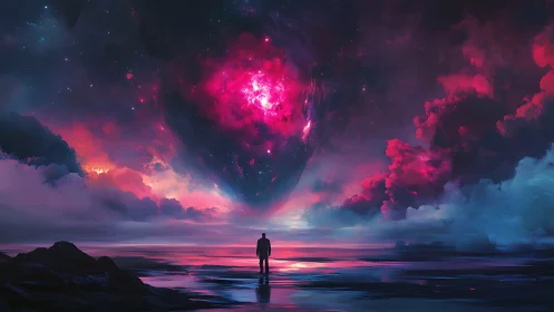 Silhouette stands beneath luminous nebula sky over water