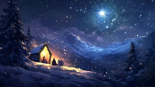 Starlit nativity cabin hums softly beneath the winter peaks