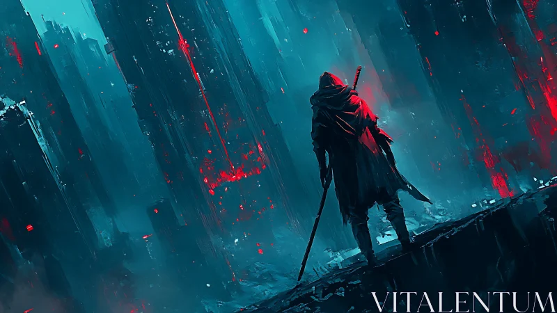 Lone wanderer in neon ruins between dusk and dreaming.