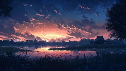 Twilight lakeside pavilion under vivid magenta cloud bands.