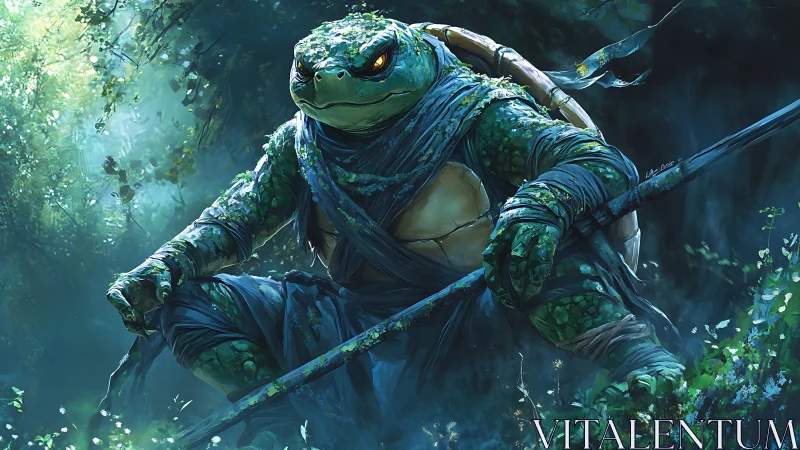 Armored humanoid turtle warrior crouches in dense forest