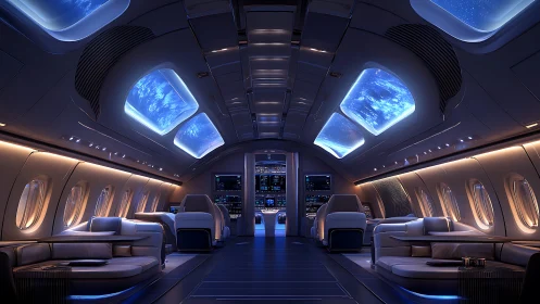 Futuristic starliner lounge with panoramic starlit skylights.