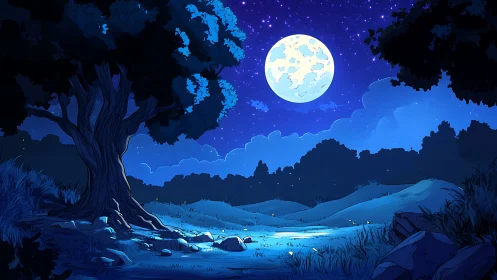 Moonlit meadow and old whispering tree under deep blue sky.