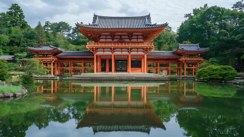 Temple in still water, vermilion echo wrapped in quiet green.