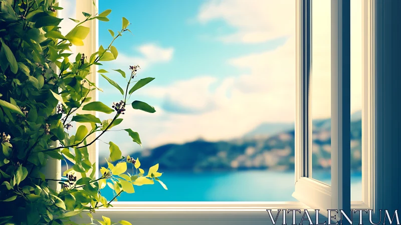 Sunlit window vines framing a dreamy coastal horizon view.