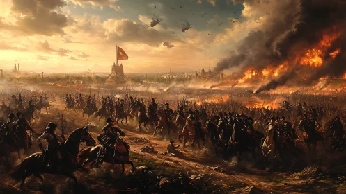 Epic cavalry siege at burning imperial capital, digital painting.