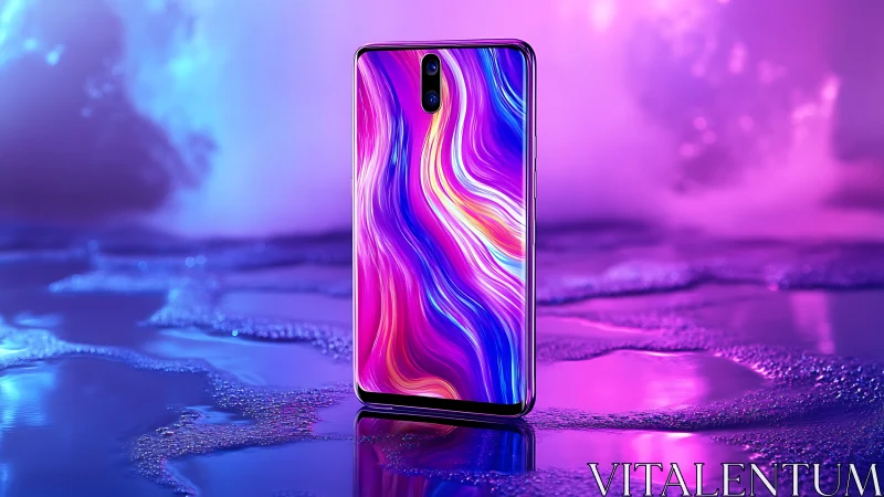 Neon smartphone on reflective liquid surface at night.