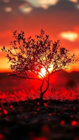 Backlit sapling silhouette intersects a saturated red sunset