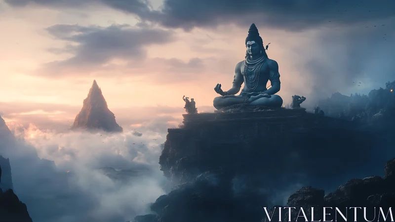 Colossal Shiva statue sits above cloud sea on rocky plateau