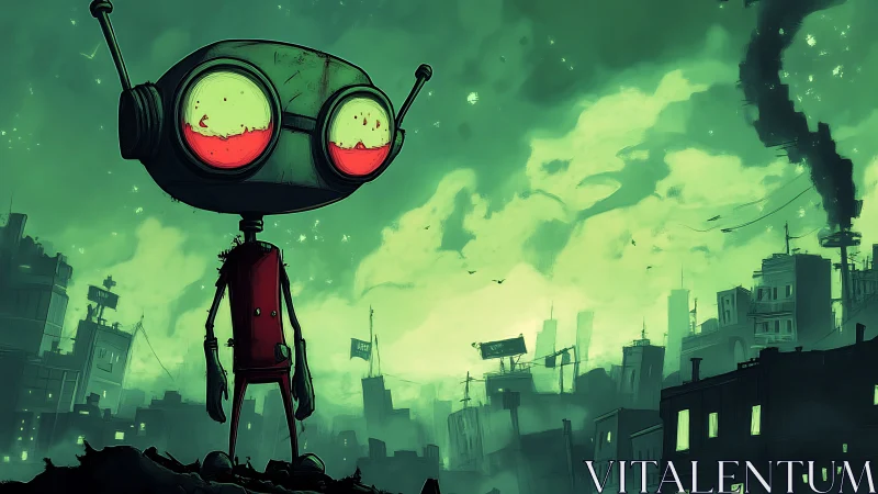 Small red robot surveys polluted green post-apocalyptic cityscape