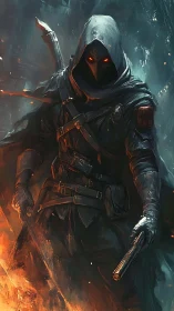 Hooded gunslinger stalks through infernal embers in shadowed cloak.