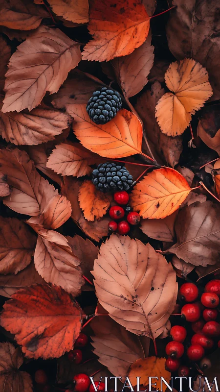 Autumn foliage flatlay with berries in warm chromatic harmony.