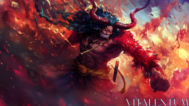 Horned warrior figure in fiery abstract digital scene.