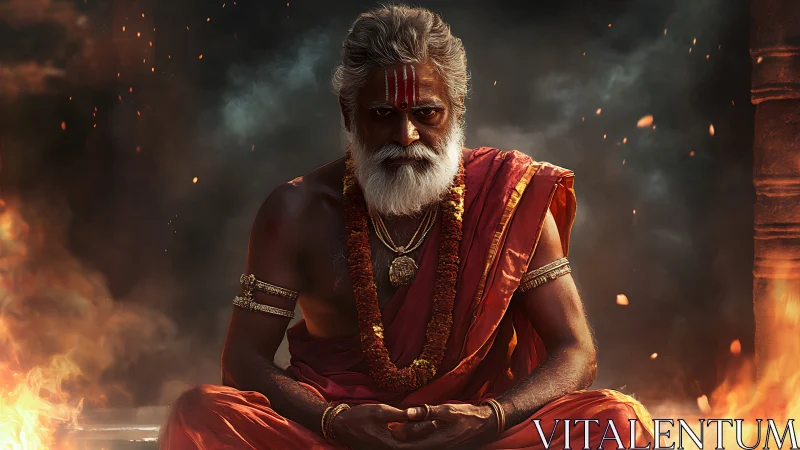 Elderly Hindu sage in flaming ritual setting rendered photorealistically