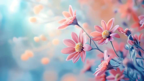 Pink Daisies Bloom Against Soft Blue Bokeh Background.