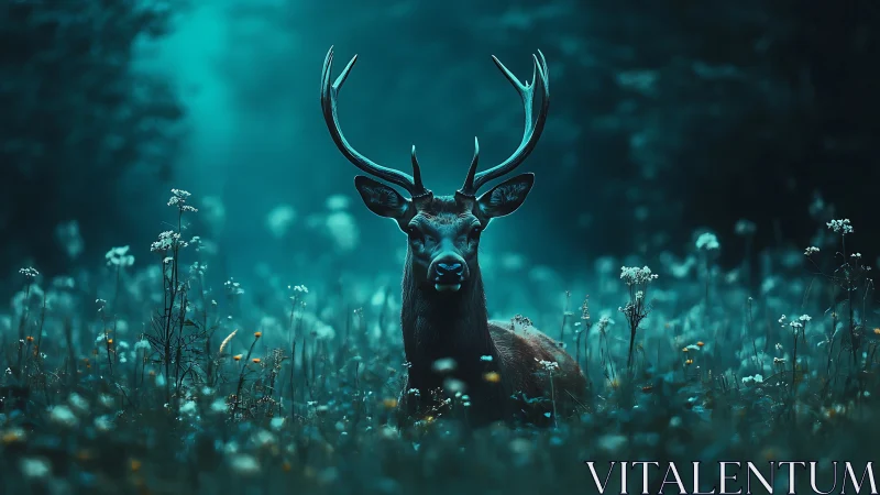Midnight deer resting in a glowing forest meadow.