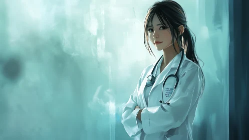 Clinical portrait of digital physician in teal diffusion field.