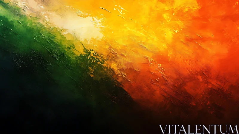 Abstract textured painting with vibrant green, yellow, and orange hues.