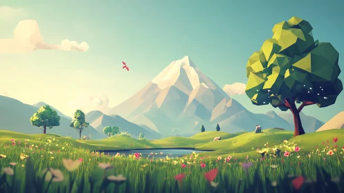 Low poly mountain valley glows under calm spring daylight
