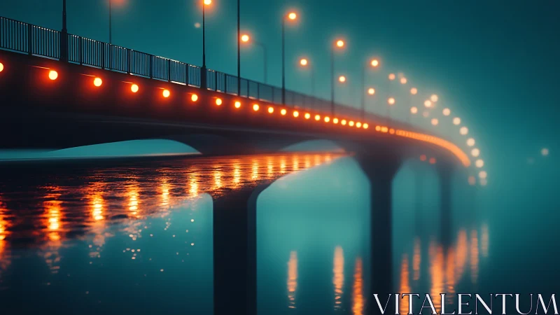 Neon bridge lights shimmer across a misty midnight river