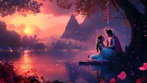 Divine lovers rest beside luminous lake at sunset