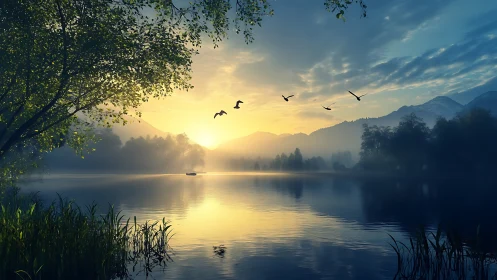 Misty mountain lake sunrise with birds over calm water.