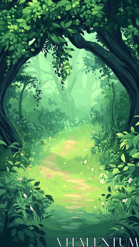 Forest Path Through Lush Green Canopy.