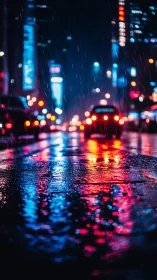 Rainy city street with neon car lights reflected at night.