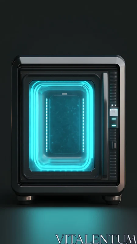 Futuristic cyan-lit containment unit with glossy black chassis.