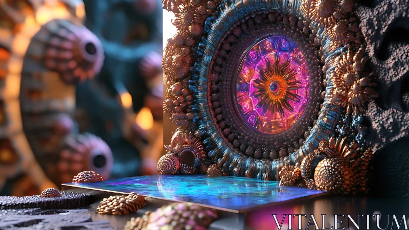 Iridescent fractal portal with bio-mechanical coral forms.