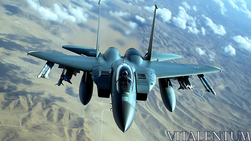 Photorealistic fighter jet over arid mountains, frontal aerial view.