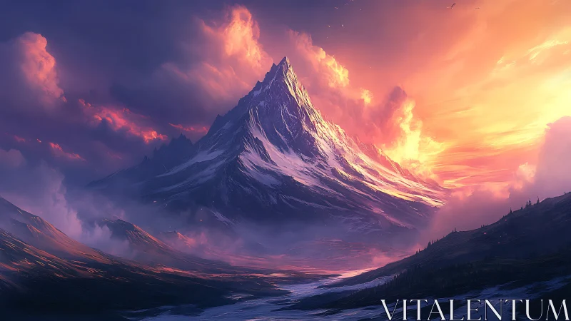 Volumetric sunset light sculpts snowcapped peak and misted valley