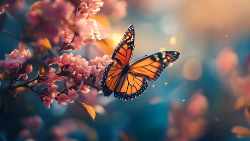 Monarch butterfly hovers near clustered blossoms in soft focus
