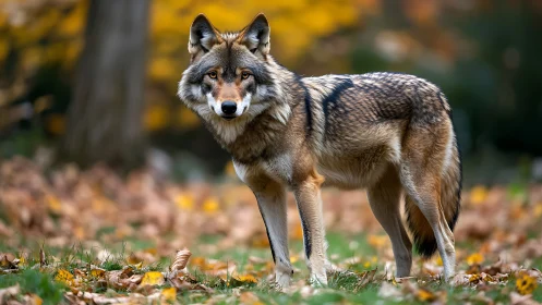 Photorealistic wolf portrait in shallow-depth autumn woodland field.