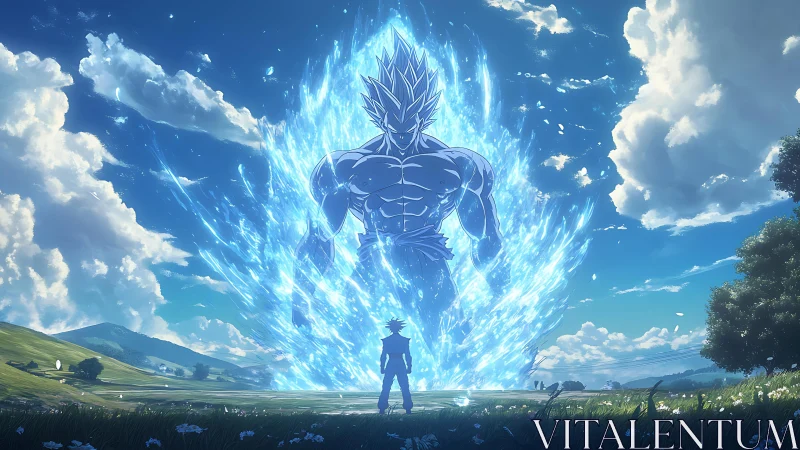 Colossal energy avatar towering above lone anime hero.