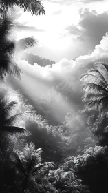 High-contrast sunbeams penetrate dense tropical valley canopy