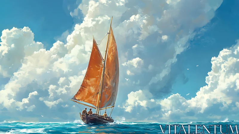Orange-sailed boat glides beneath towering summer clouds.