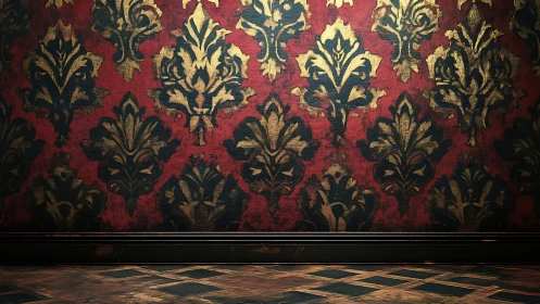 Aged damask wall with worn parquet floor under directional light